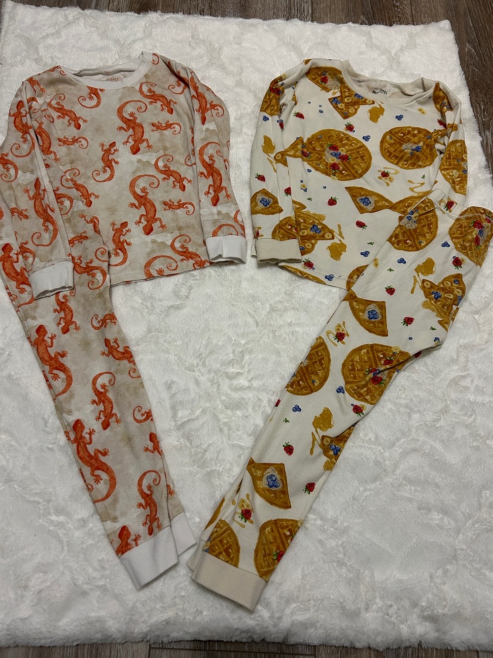 Cozy Kids Pajama Set - Orange Lizard & Mustard Waffle Prints